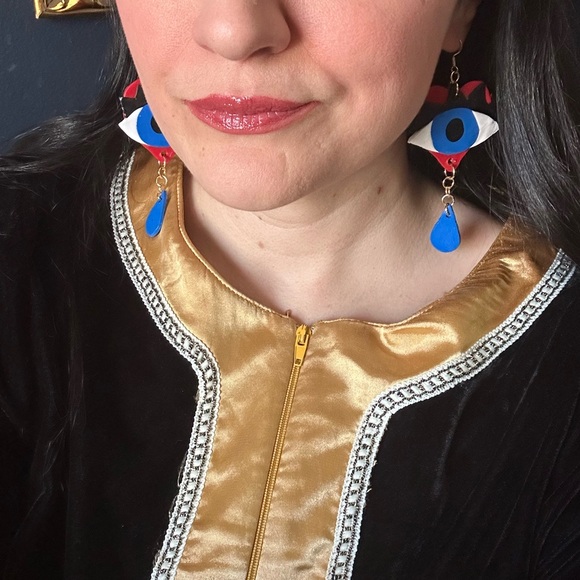 Handmade clay evil eye sacred heart earrings - Picture 5 of 5